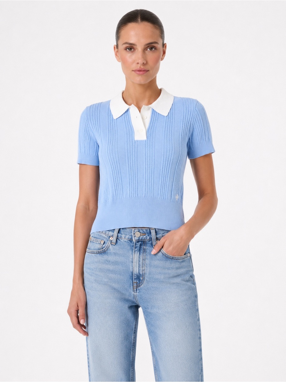Tory Burch Light Blue Short-Sleeve Polo Knit Top with White Collar size L